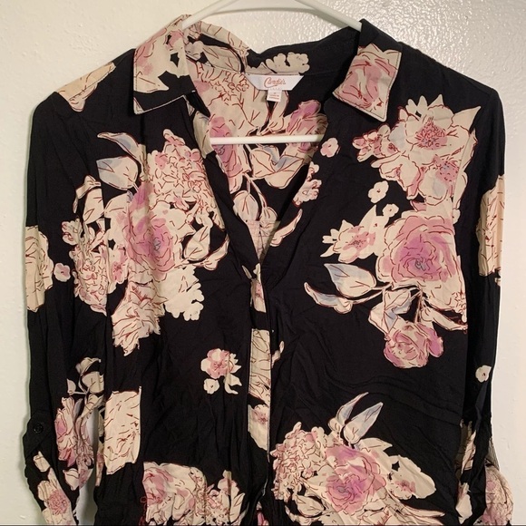Candie’s Button Down Tie Front Top Black Floral - Picture 4 of 9